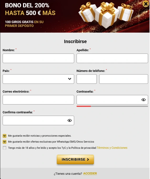 Formulario de registro con bono del 200 % y 100 giros gratis